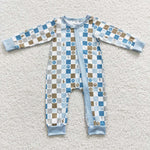 LR0313 Smiley face Plaid Zip Baby Romper Onesie