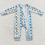 LR0313 Smiley face Plaid Zip Baby Romper Onesie