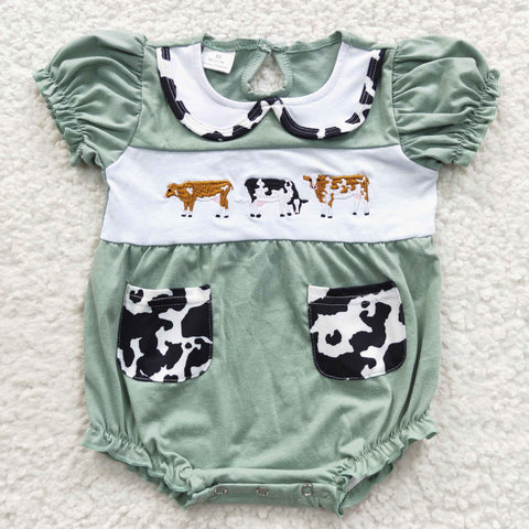 SR0373 Embroidery Farm Cow Baby Girl's Romper