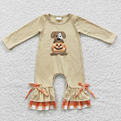 LR0290 Embroidery Pumpkin Dog Orange Plaid Baby Girl's Romper