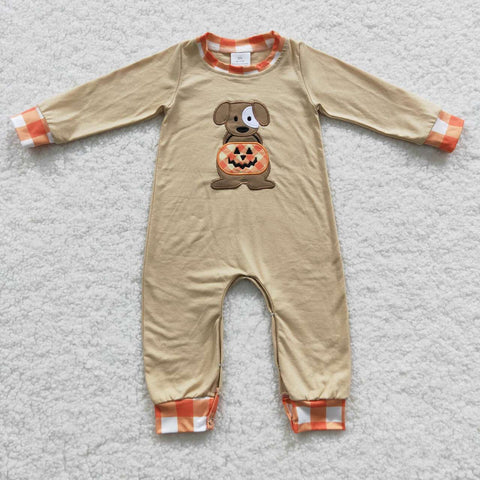 LR0291 Embroidery Pumpkin Dog Orange Plaid Baby Boy's Romper