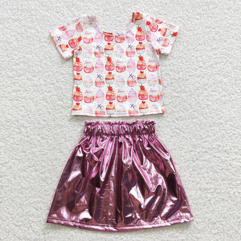 GSD0412 Strawberry Cake Leather Pink Skirt Girl's Set