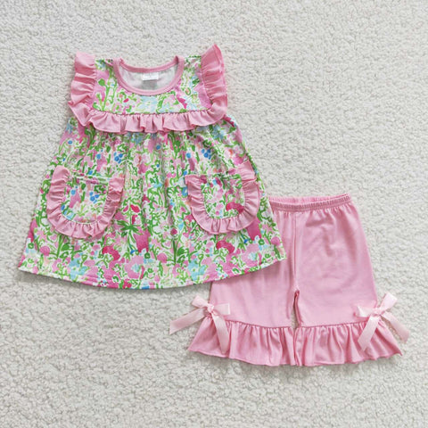 GSSO0338 Flower Floral Pink Girl's Shorts Set