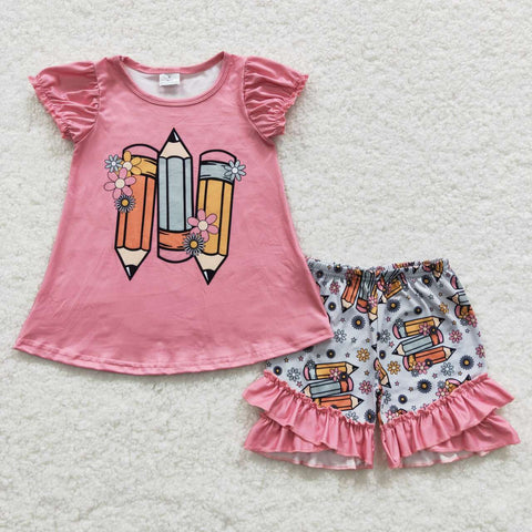 GSSO0356 Back To School Pencil Flower Pink Girl's Shorts Set