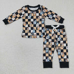 BLP0190 Cartoon Blue Dog Plaid Orange Boy's Pajamas Set