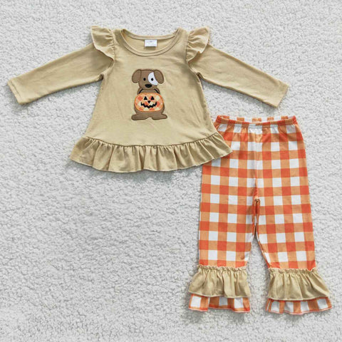 GLP0433 Embroidery Pumpkin Dog Orange Plaid Girl's Set