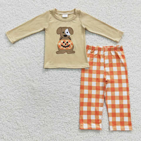 BLP0170 Embroidery Pumpkin Dog Orange Plaid Boy's Set
