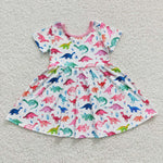 Aa-10 Pink Dinosaur Short Sleeves Girl's dress