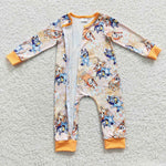 LR0360 Cartoon Blue Dog Flower Orange Baby Zip Sleeper