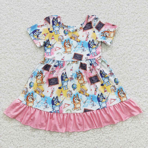 GSD0411 Back To School Blue Dog Pink Girl's Dress