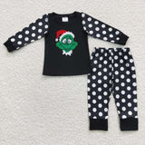 SALE 6 B13-17 Christmas Girl's Embroidered Green animal Black Dots Pajamas