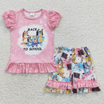 GSSO0360 Back To School Blue Dog Pink Girl's Shorts Set