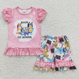 GSSO0360 Back To School Blue Dog Pink Girl's Shorts Set