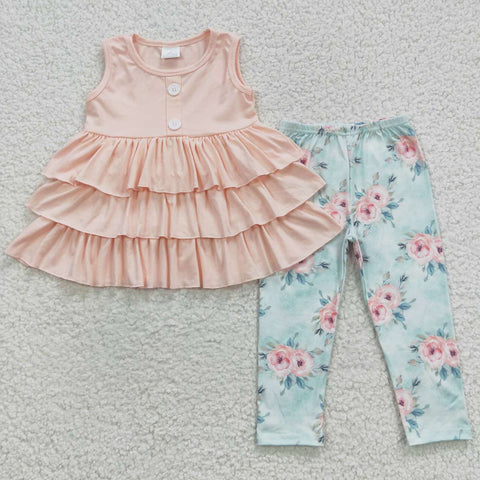 GSPO0697 Pink Flower Ruffle Sleeveless Girl's set