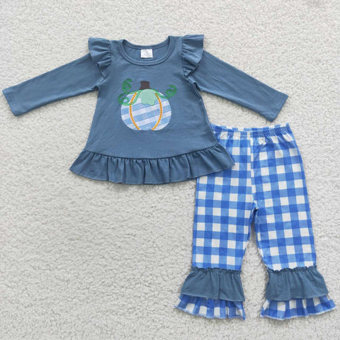 GLP0439 Embroidery Pumpkin Blue Plaid Girl's set