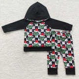 BLP0223 Christmas Black Plaid Hoodie Boy's set