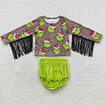 GBO0154 Christmas Leopard Tassel Shirt Green Golden velvet Bloomier Baby Girl's Bummie Set