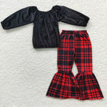 GLP0630 Christmas Red Plaid Black Golden velvet Shirt Girl's Set