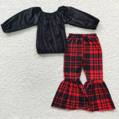 GLP0630 Christmas Red Plaid Black Golden velvet Shirt Girl's Set