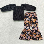 GLP0436 Halloween Pumpkin Black Golden velvet Shirt Girl's Set