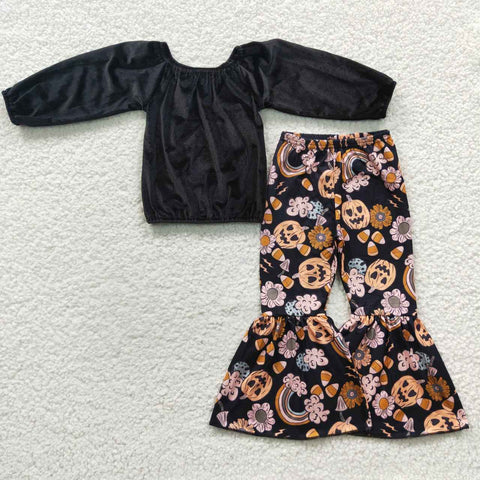 GLP0436 Halloween Pumpkin Black Golden velvet Shirt Girl's Set