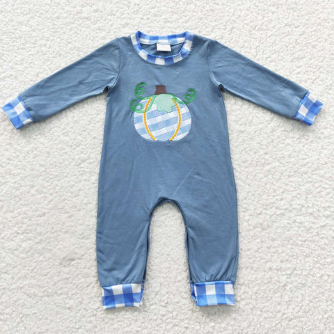 LR0319 Embroidery Pumpkin Blue Plaid Baby Boy's Romper