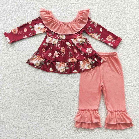 GLP0532 Flower Floral Pink Bow Ruffles Girl's set