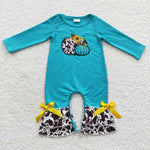 LR0354 Embroidery Pumpkin Sky Blue Baby Girl's Romper