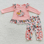 GLP0426 Embroidery Flower Pumpkin Pink Ruffle Girl's Set