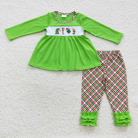 GLP0441 Embroidery Christmas Green Plaid Girl's Set