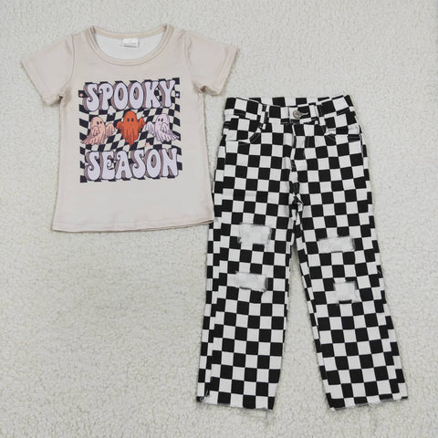 BSPO0156 Halloween Spooky Season Black Plaid Hole Jeans 2 Pcs Boy's Set