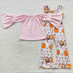 GLP0568 Halloween Pumpkin Pink Overall Jumpsuit Girl's Set