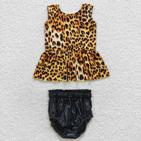 GBO0164 Leopard Black Leather Baby Girl's Bummie Set