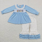 GLP0675 Embroidery Christmas Cartoon Blue Girl's Set