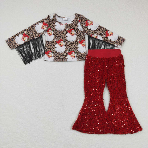 GLP0603 Christmas Santa Leopard Tassel Red Sequin Pants 2 Pcs Girl's Set