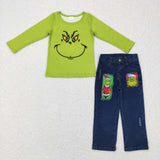 BLP0225 Christmas Green Cartoon Denim Jeans 2 Pcs Set