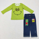 BLP0225 Christmas Green Cartoon Denim Jeans 2 Pcs Set