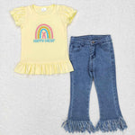 Happy Easter Embroidery Shirt Tassel Jeans Girl's Set