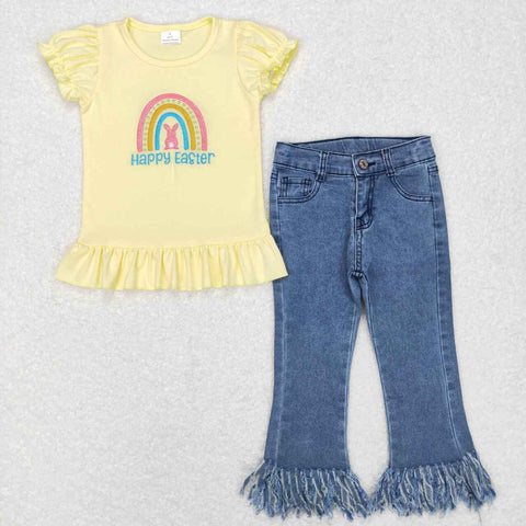Happy Easter Embroidery Shirt Tassel Jeans Girl's Set