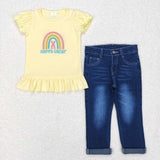 Happy Easter Embroidery Shirt Jeans Girl's Set
