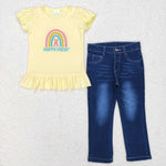 Happy Easter Embroidery Shirt Jeans Girl's Set