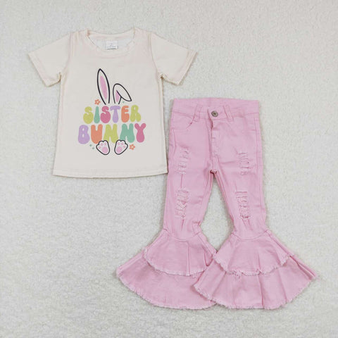 GSPO1134 Easter Sister Bunny Pink Ripped Jeans Girl's Set