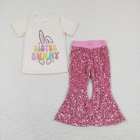 GSPO1138 Easter Sister Bunny Pink Sequin Girl's Set