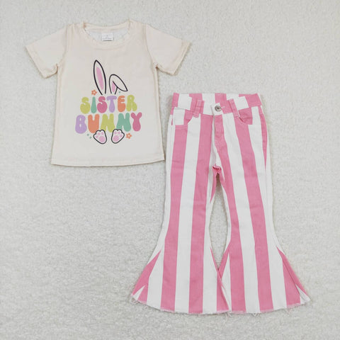 GSPO1133 Easter Sister Bunny Pink Stripe Jeans Girl's Set