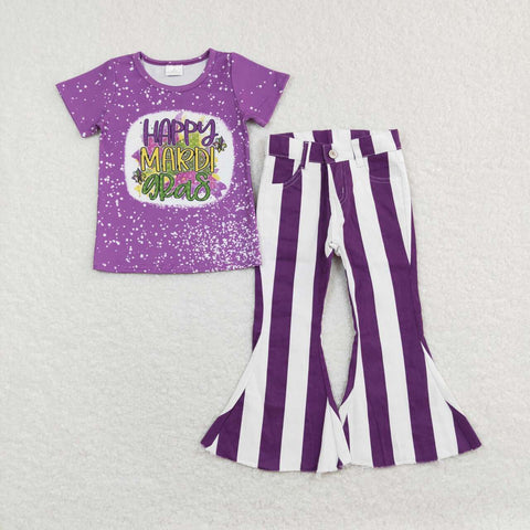 GSPO1123 Happy Mardi Gras Purple Stripe Jeans Girl's Set