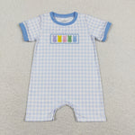 SR0690 Embroidery Easter Bunny  Blue Plaid Cute Baby Boy Romper