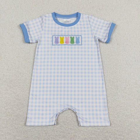 SR0690 Embroidery Easter Bunny  Blue Plaid Cute Baby Boy Romper