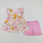 GSSO0616 Summer Flower Pink Tunic Girls Shorts Set