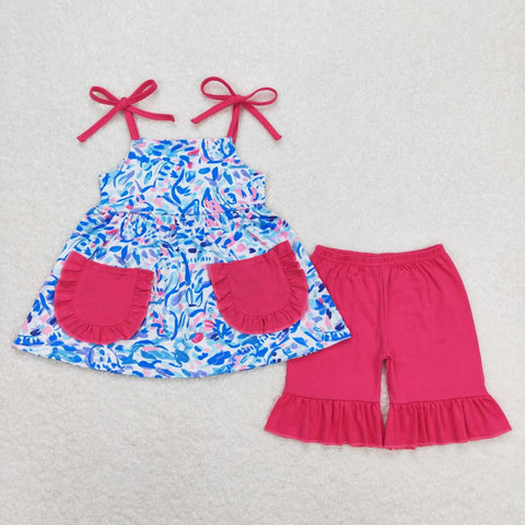 GSSO1028 Lilly Flower Pink Pockets Girls Shorts Set