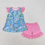 GSSO1085 Summer Garden Pink Blue Girls Shorts Set